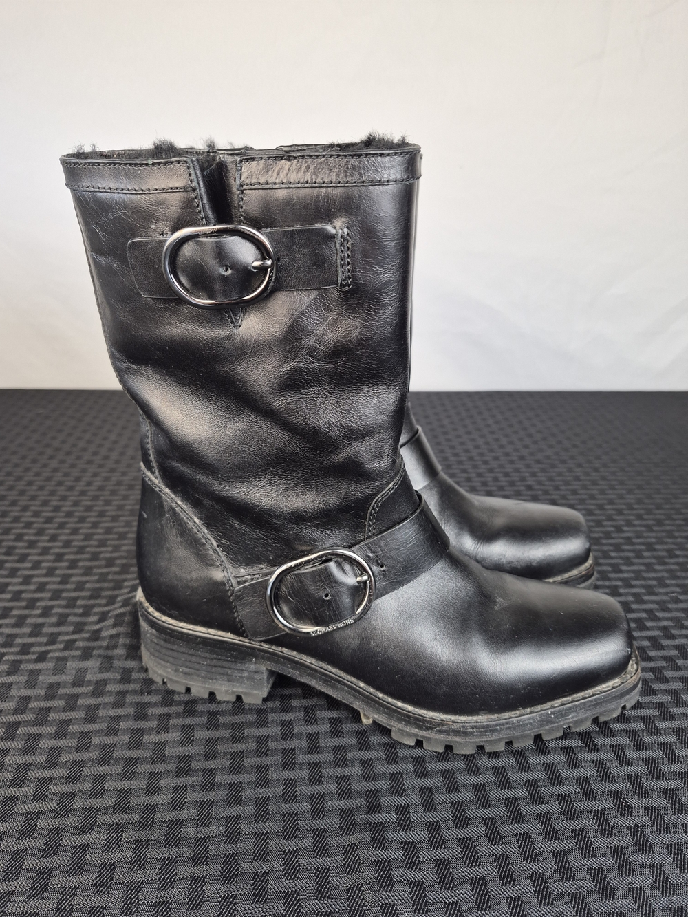 Michael Kors Black Leather Buckle Moto Boots with Shearling Trim - Picture 3 of 10